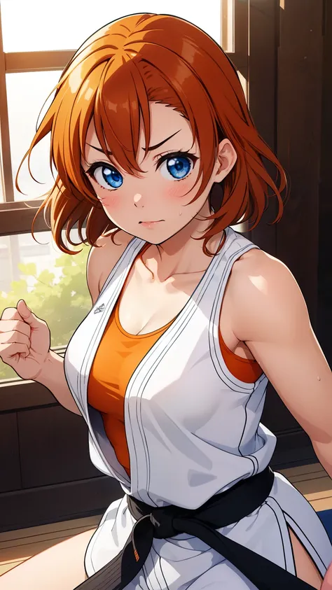 (masterpiece, 最 high quality,  high quality), whole body, volume lighting , figure, beautiful,  Full Photo, Perfect Shadow, ( Great views :1.1),  blush, In-person audience,  standing ,Kousaka Honoka,  blue eyes ,  orange hair holding,Empty-handed,White Kar...