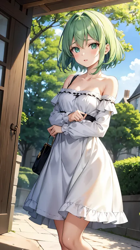 shoulder-length green hair, small size breasts, Small breasts、Green Eyes, 、(((Ladylike))), full body from head to toe 、 Randomly create clothes, hairstyle, facial expressions, poses, locations, and backgrounds、 imaginary、Draw from a random angle