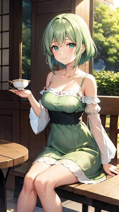 shoulder-length green hair, small size breasts, Small breasts、Green Eyes, 、(((Ladylike))), full body from head to toe 、、Shoulder knit、See-through patterned lace sleeves、Feminine clothing、、Chuckle、((Sit facing the viewer across the table))、Cafe Date、After...
