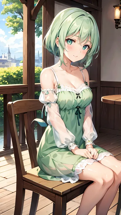 shoulder-length green hair, small size breasts, Small breasts、Green Eyes, 、(((Ladylike))), full body from head to toe 、、Shoulder knit、See-through patterned lace sleeves、Feminine clothing、、Chuckle、((Sit facing the viewer across the table))、Cafe Date、After...