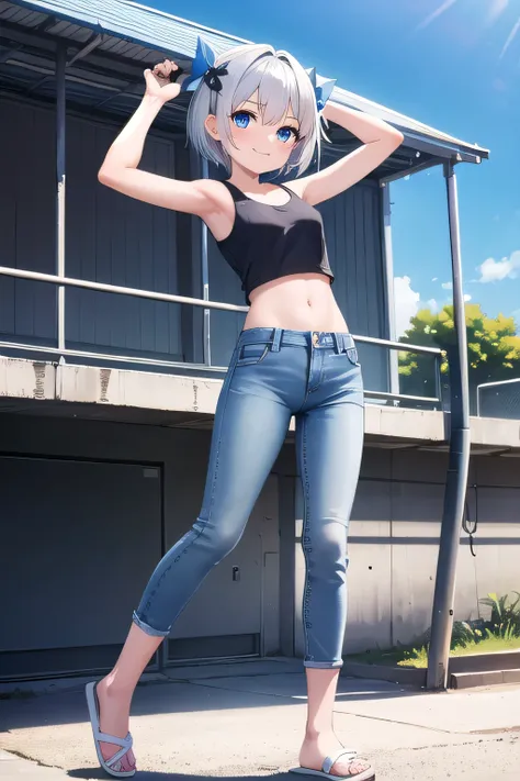 masterpiece,best quality,ultra detail,1girl, 14yo,petite,smile happy, baseball field, bright, sunshine, short hair, blue eyes, silver hair, hair ornament, ribbon hair ornament, Raise your arms and behind your head,White teeth, white tank tops, crop tops je...