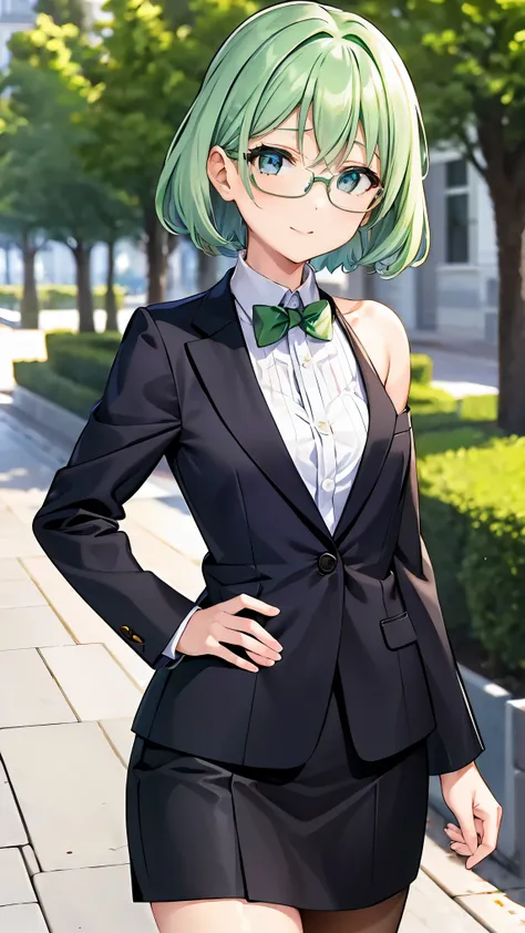 shoulder-length green hair, small size breasts, Small breasts、Green Eyes, 、(((Ladylike))), composition showing the whole body from head to toe、 formal attire 、suit、teacher、(( look at me and your face))、Date、walk、Greetings 、Stylish、Glasses、