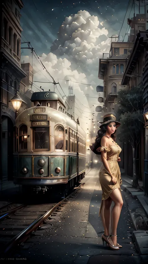 beautiful Mexican woman in the 1930s, old-fashioned dress, waiting by a vintage trolley, detailed face, detailed eyes and lips, long lashes, warm lighting, nostalgic, cinematic, high quality, intricate details, oil painting, masterpiece, cinematic lighting...