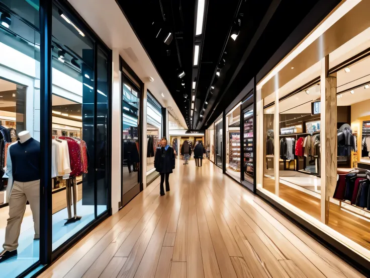 A hyper-realistic, photographic interior of a department store captured with an iPhone 15. The scene is bustling with people walking, browsing clothing racks, and examining displays. The store interior is sleek and modern, with well-lit, elegant displays a...