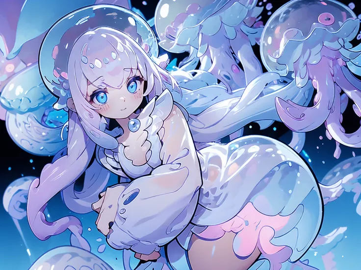 Jellyfish Girl. Pink jellyfish. Dress style. Tentacle. Hood-like. Eyes hidden by bangs. A glowing core on the head. Multiple jellyfish around.