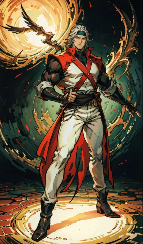 (masterpiece:1.2, best quality:1.2, extremely delicate:1.2), ((male:1.5)), a middle-aged man with slick back gray short hair, yellow side-parted bangs, a red-white headband tied around his forehead, deep-set eyes, a rugged face, full beard, tall and robust...