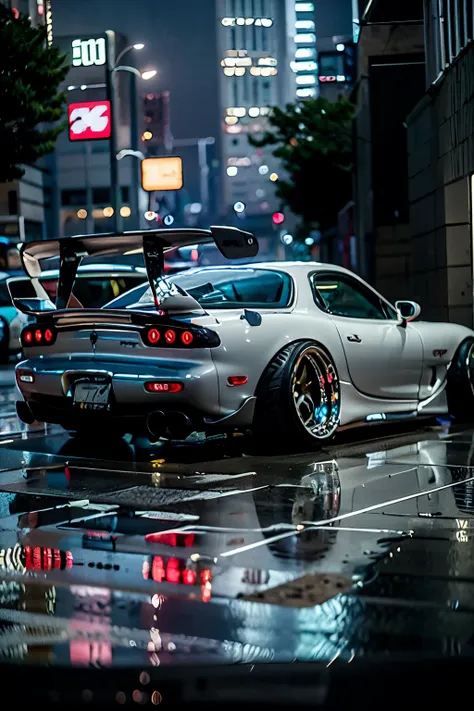 tuned rx7 , widebody kit , deep rim wheel ,custom car  , cyberpunk , high definition,  high details,