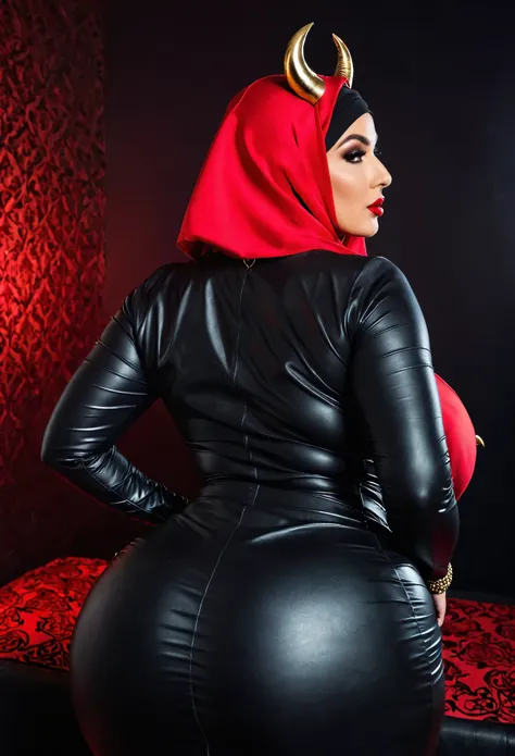 back view, arab woman mature curvy plus size, huge breast. wearing a she-devil costume. with horns on her head , wears jewellery...