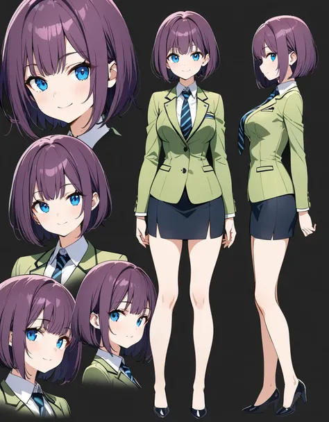 (masterpiece), (best quality), (highres), 1girl, solo, highly detailed, green suit and tie, pencil skirt, miniskirt, bare legs, matching shoes, looking at viewer, perfect hands, perfect eyes, perfect legs, perfect arms, perfect fingers, medium breasts, pur...