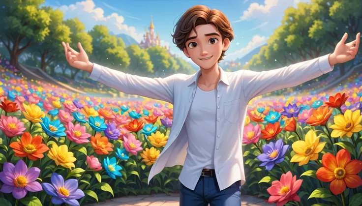 high definition image, disney pixar 3d style, depicting a young man with brown hair , wearing a white shirt and pants , with open arms in a serene environment , surrounded by colorful flowers, with an expression of happiness and tranquility, symbolizi...
