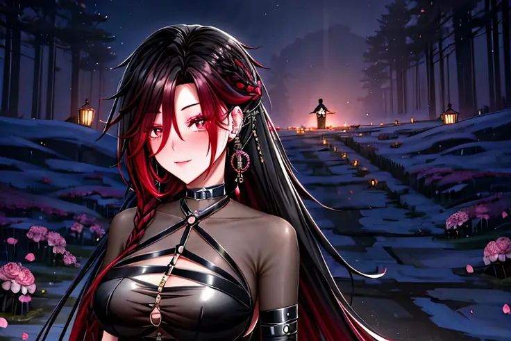 shoujo style, frosty style, (romantic manhwa), 1 girl, black cyclamen hair, solo, long braided hair, long braid, dress, red cyclamen eyes, mascara, makeup, elbow gloves, bra, jewelry, many ear piercings, viewer, clavicle, accessories, upper body, parted ba...