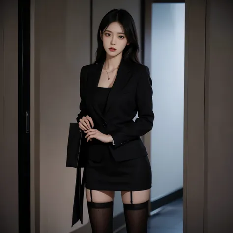 A tall lady ， black suit， Black Skirt ， black stockings，Holding a folder in hand，whole body，Standing， serious expression 