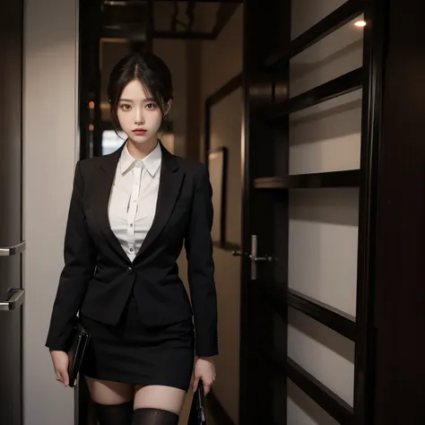 a tall lady ， black suit， black skirt ， black stockings，holding a folder in hand，whole body，standing， serious expression