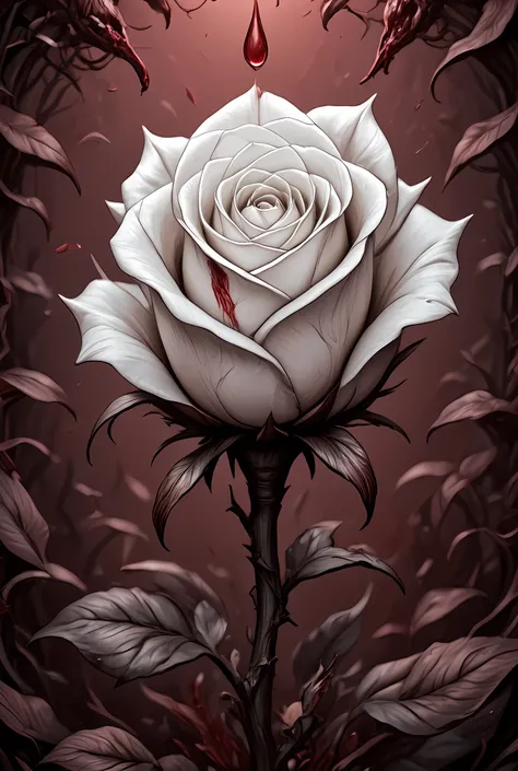 score_9, score_8_up, score_7, arafed high details, best quality, 16k, (ultra detailed: 1.5), masterpiece, best quality, (extremely detailed), RAW, dnd art, fantasy art, an close up picture of a white rose, there is a (drop of blood: 1.3) on its thorn dynam...