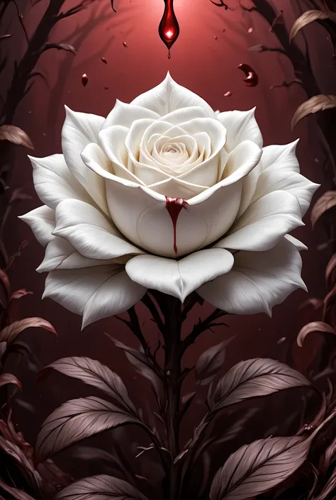 score_9, score_8_up, score_7, arafed high details, best quality, 16k, (ultra detailed: 1.5), masterpiece, best quality, (extremely detailed), RAW, dnd art, fantasy art, an close up picture of a white rose, there is a (drop of blood: 1.3) on its thorn dynam...