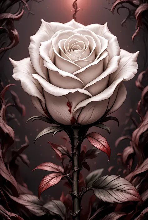 score_9, score_8_up, score_7, arafed high details, best quality, 16k, (ultra detailed: 1.5), masterpiece, best quality, (extremely detailed), RAW, dnd art, fantasy art, an close up picture of a white rose, there is a (drop of blood: 1.3) on its thorn dynam...