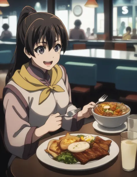 score_9, score_8_up, score_7_up, gsfghtr, multicolored robe, neckerchief, 1girl, smile, open mouth, restaurant, dinner