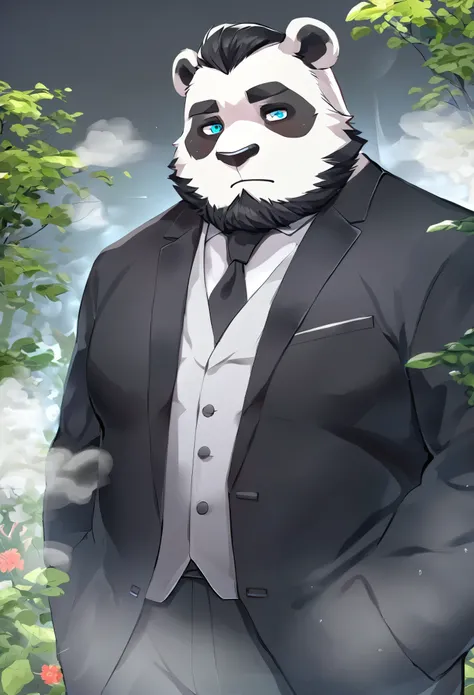 panda， Personification，mature man，strong men ， Black beard ，Cold expression，Blue pupils，  black eyebrows  ，black suit suit ，  Hands in Pockets ，  The Age of Steam，garden。