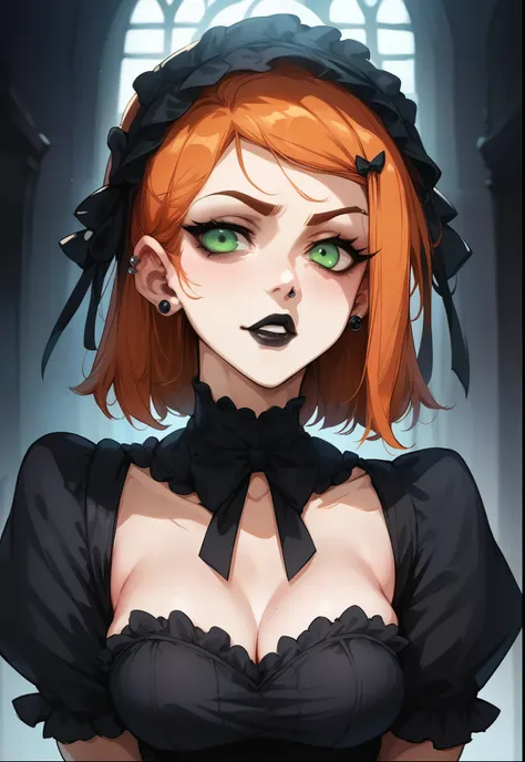 Gwen Tennyson, ben 10, gothic lolita cosplay, ginger hair, piercings, black lipstick, stoic, spooky mansion,