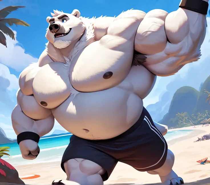 huge muscular polar bear in tropical island beach, big grr, polar bear, huge white fur, thick arm, huge arm, huge white fur, thi...