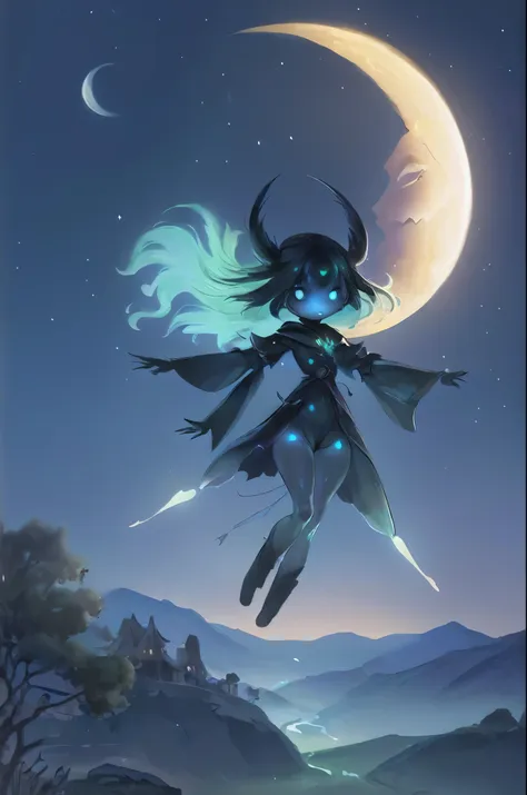 a luminous moon spirit, with silvery trails, hovering over a tranquil night landscape.