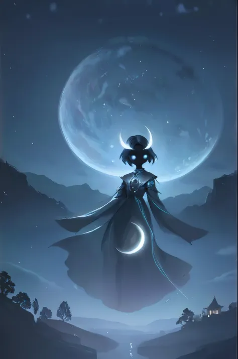 a luminous moon spirit, with silvery trails, hovering over a tranquil night landscape.