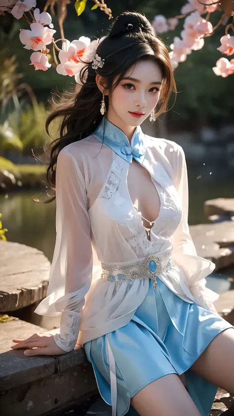 guqinghan,hell,chinese clothes,china dress,（quality improvement：1.4），1 girl, full breasts，visible cleavage，sexy long legs，the sk...