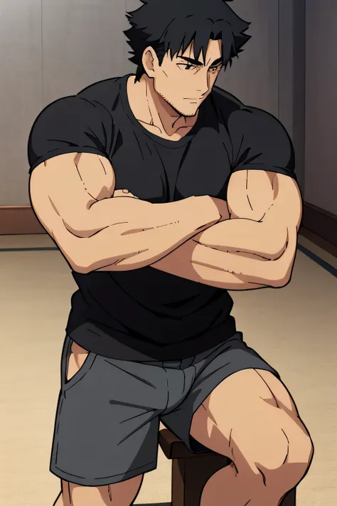 kiritsugu is sitting and flexing his biceps. he is wearing a black tshirt with short sleeves. the right sleeve is completely rol...