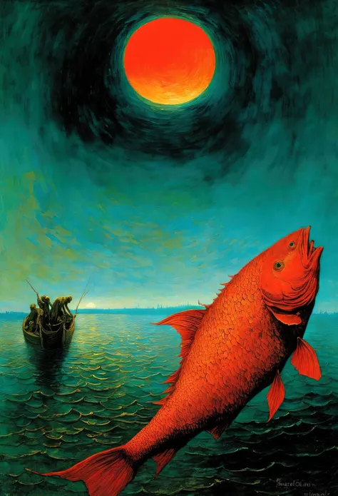 Mythical creatures, author: Dzislaw Beksinski and Vincent van Gogh, red moon and big fish