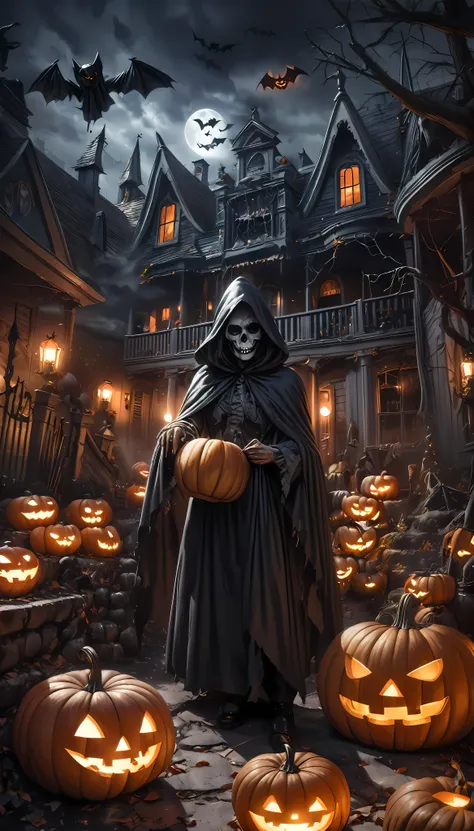 a creepy halloween house, haunted mansion, dark and spooky atmosphere, old gothic architecture, pumpkins, bats flying, full moon, dark clouds, fog, eerie lighting, ominous shadows, witch's cauldron, dark magic, jack-o-lanterns, halloween decorations, sinister crows, haunted forest, grim reaper, (best quality,4k,8k,highres,masterpiece:1.2),ultra-detailed,(realistic,photorealistic,photo-realistic:1.37),dark fantasy,atmospheric,moody lighting,dramatic shadows,cinematic,horror,Halloween