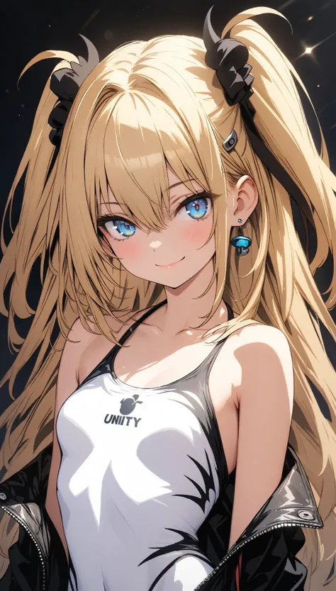 konjiki no yami, 1girl, solo, long hair, blonde hair, hair ornament, blue eyes, hair between eyes, collarbone, small breasts, two side up, covered navel, skindentation, hair intakes, straight hair, closed mouth, smile, (white bikini), ((32k)), ((best quali...