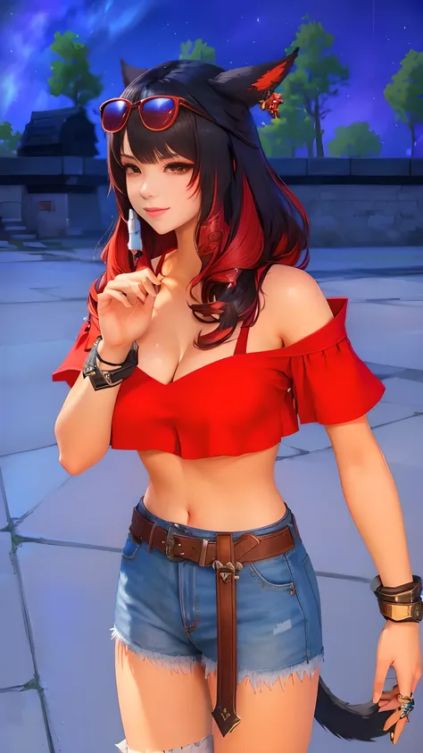 a girl with a cat ear and a red top wearing red sunglasses on head, final fantasy 14 style, style of final + fantasy + 14, final...