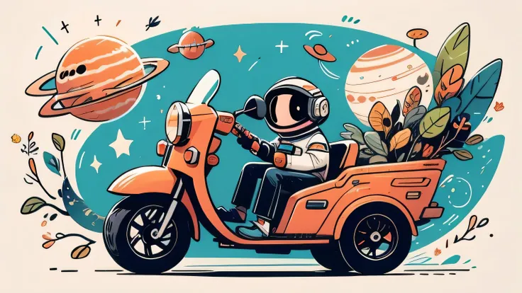 cinematic film still A visually striking chibi-style astronaut is depicted with remarkable detail, wearing a black tinted visor and a crisp white suit with red straps. This adorable hero is captured riding on a s tricycle with big grippy tires, exploring t...