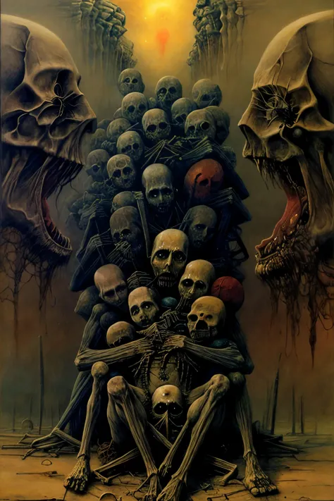 A painting, painting shows a sitting on a pile of skulls, disturb, crawl, gloomy, rotten, Zislaw Beksinskis High Saturation