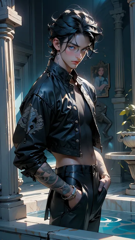 heavy metal star,man, 25 years old, singer,bad boy, black eyes,expressive look,((long dark blue black hair,straight hair,blueshine hair,unshaven)),black leather jacket,leather pants,chest tattoo, 

(male:1.5),muscle,pectoral, muscular,macho man,(((dark_blu...