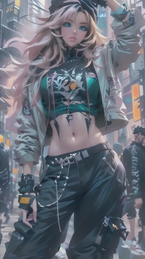 a woman with long hair and a jacket on posing in a city, cyberpunk anime girl with hoodie, urban girl fan art, torn clothes,  an...