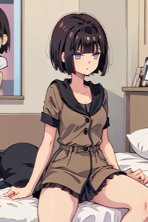 create an image in anime style ntr ,2d,woman, short black hair , Chanel smooth cut , blue eyes, a mole under her eyes, short red dress, is sitting on the bed .,4k Image,4k painting,
