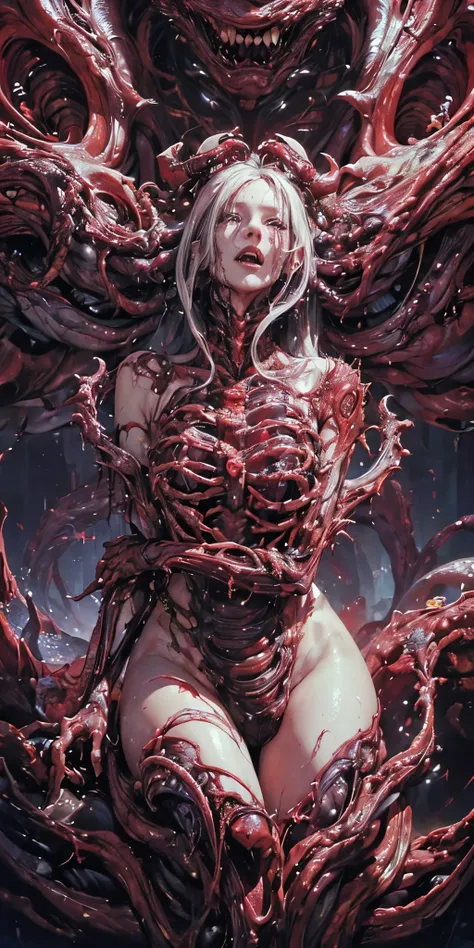 (body horror:1.4), portrait , close up , (biomachine:1.3), (bloody:1.2), living being, (colorful:1.2), nsfw, hans giger, many ha...