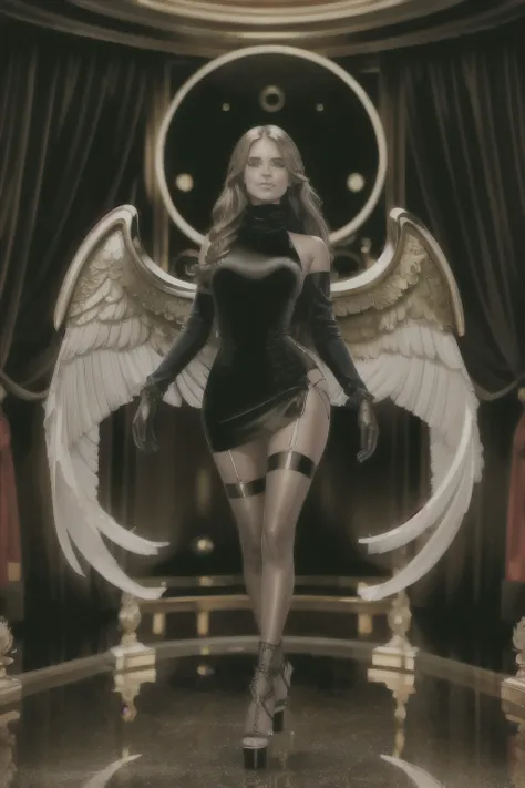 ((Masterpiece, best quality,edgQuality)),((golden turtleneck_dress))
edgVS, long hair, breasts, looking at viewer, smile, brown hair, gloves, full body, elbow gloves, sandals, realistic, angel ,wearing edgVS lingerie,wings