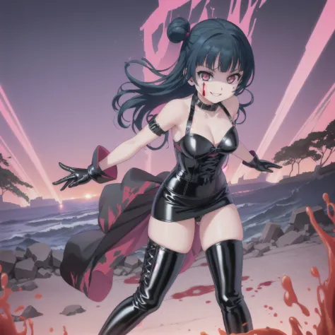 (masterpiece, best quality), 1girl, solo, Yoshiko Tsushima,black latex,very evil grin , ,,(((corset dress with shoulder straps)))、(((Black latex tight mini skirt:1.4)))、(((Black Thigh Boots)))、Stiletto heels、(((Black latex panties)))、(((Black latex bra)))...