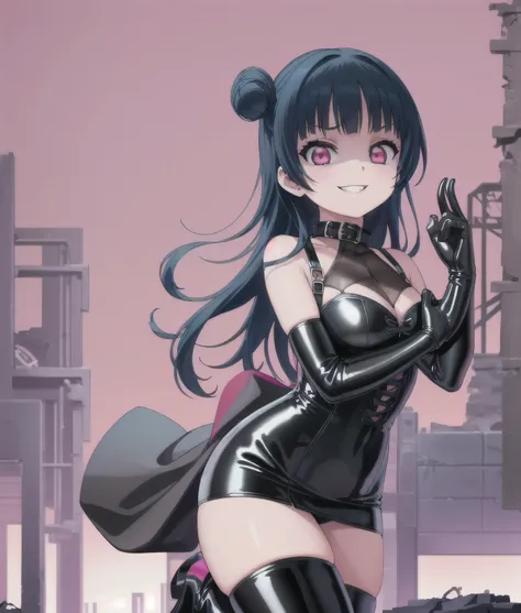 (masterpiece, best quality), 1girl, solo, Yoshiko Tsushima,black latex,very evil grin , ,,(((corset dress with shoulder straps)))、(((Black latex tight mini skirt:1.4)))、(((Black Thigh Boots)))、Stiletto heels、(((Black latex panties)))、(((Black latex bra)))...
