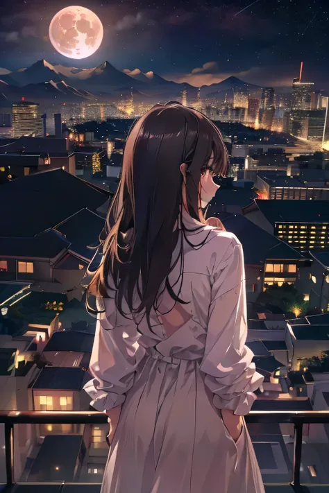 full moon night。detailed and delicate night view of the city 。 back view of a beautiful girl with dark hair and brown eyes looki...