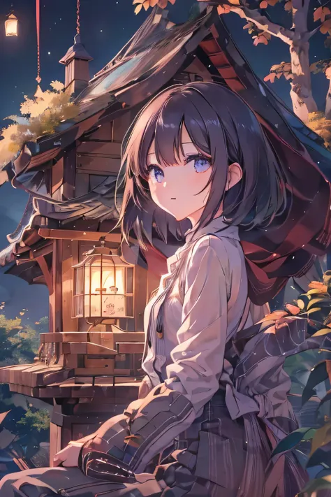 full moon night。forest tree house 。beautiful dark-haired, bob-cut girl with brown eyes looking at a panoramic view of the tree h...