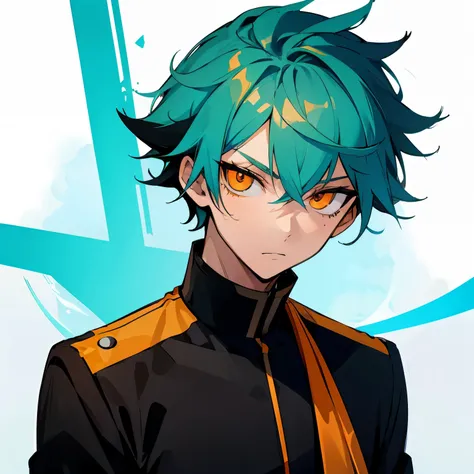 1 boy, Turquoise hair, orange eyes, ((black uniform)), handsome, orange eye liner, high quality, high quality