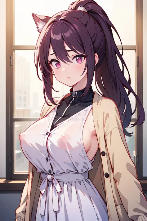 
(best quality, masterpiece, high resolution:1.1),Use natural light and color, hyper detail clothes, high detailed anime image, solo, 1girl, (upper body), Black long hair, ponytail,Hairline,(Scarlet Eyes), long eyelashes, the outer corner of the eye droopy...