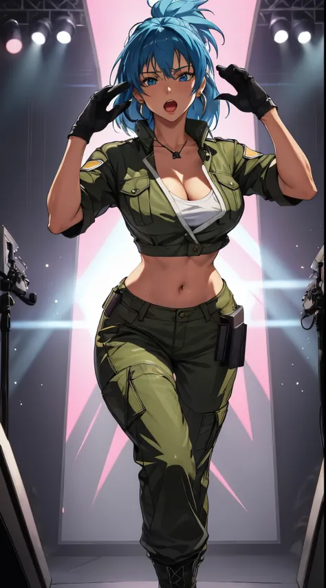  masterpiece ,,  Best quality, highres, 1 girl, Leona Heidern,  blue hair, Blue eyes, collect,  pantalones cortos greens , Diafragma,  crop top,  black gloves, breasts,  Military Uniform,  green, earrings, jewelry, belly button, large breasts, cowboy shot,...