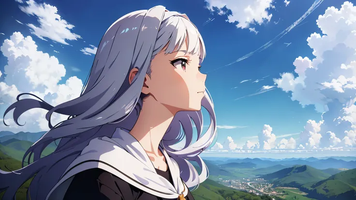 absurdres, highres, (official art, beautiful and aesthetic:1.2), close view, shining sky, vast world, girl, gazing, awe-inspiring expression, distant horizon, clouds, high hill, natural beauty, inspiration, light effects