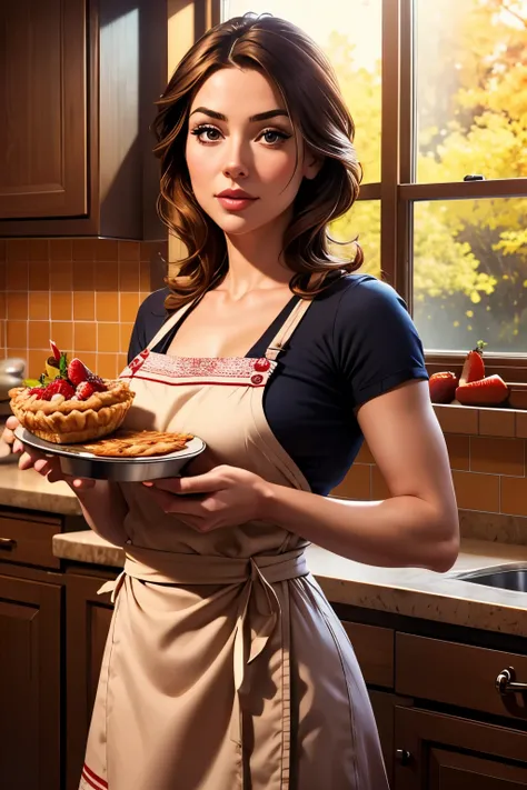 a cute woman, 2, cute chef outfit, presenting strawberry pie, cozy kitchen, photorealistic, 8k, masterpiece, highly detailed, realistic lighting, warm color tones, soft focus, cinematic composition, beautiful detailed eyes, beautiful detailed lips, extreme...
