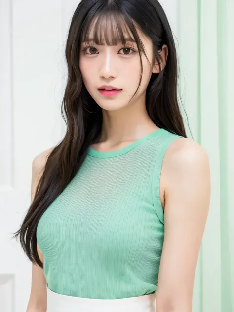 See-through tops、(、Part of her clothes is Mint green:1.4)、white wall、Taken in front of the white door、((highest quality、8k、masterpiece:1.3))、ultra high resolution、(photorealistic:1.4)、raw photos、Japanese,(details face)、real、Shot in natural light、Highly det...