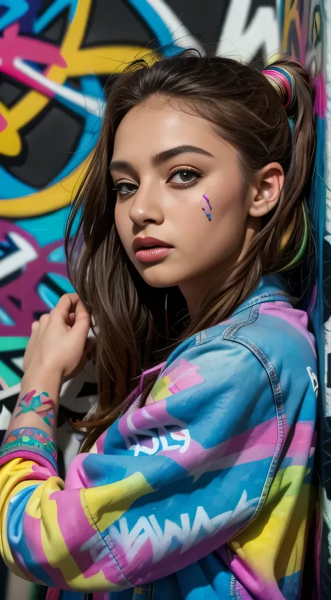 (best quality), masterpiece, extremely detailed CG uniform 8K illustration, high color, extremely high color saturation, all colors deepened, paint, graffiti art, center composition, extremely detailed light and shadow, graffiti wall, wall painted bright, ...